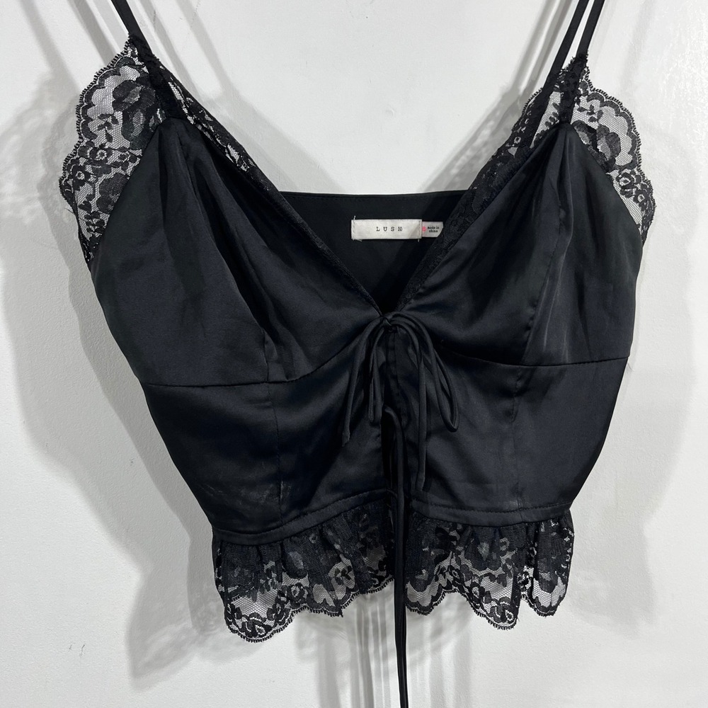 Lush Y2K Fairy Grunge Whimsigoth Satin Lace Trim Crop Cami Top Womens Small 90s